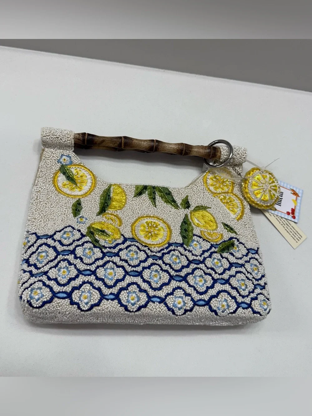 Beaded Lemon Motif Wristlet Clutch in Yellow & Blue NWT